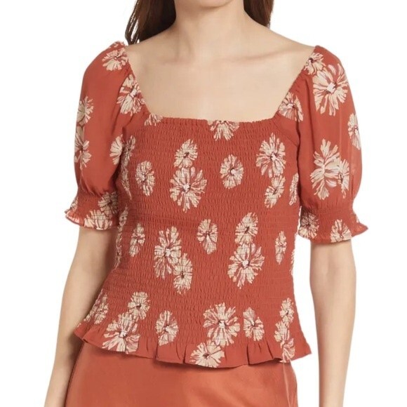 NWT Madewell Top Cottage Floral Puff Sleeve Smocked Blouse Rust Size Medium New - Picture 2 of 13